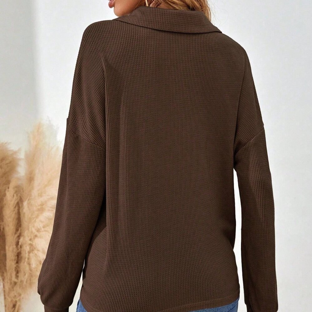 Brown Casual Women's Drop Shoulder Long Sleeve Button Half Placket Loose T-Shirt - Picture 2 of 7